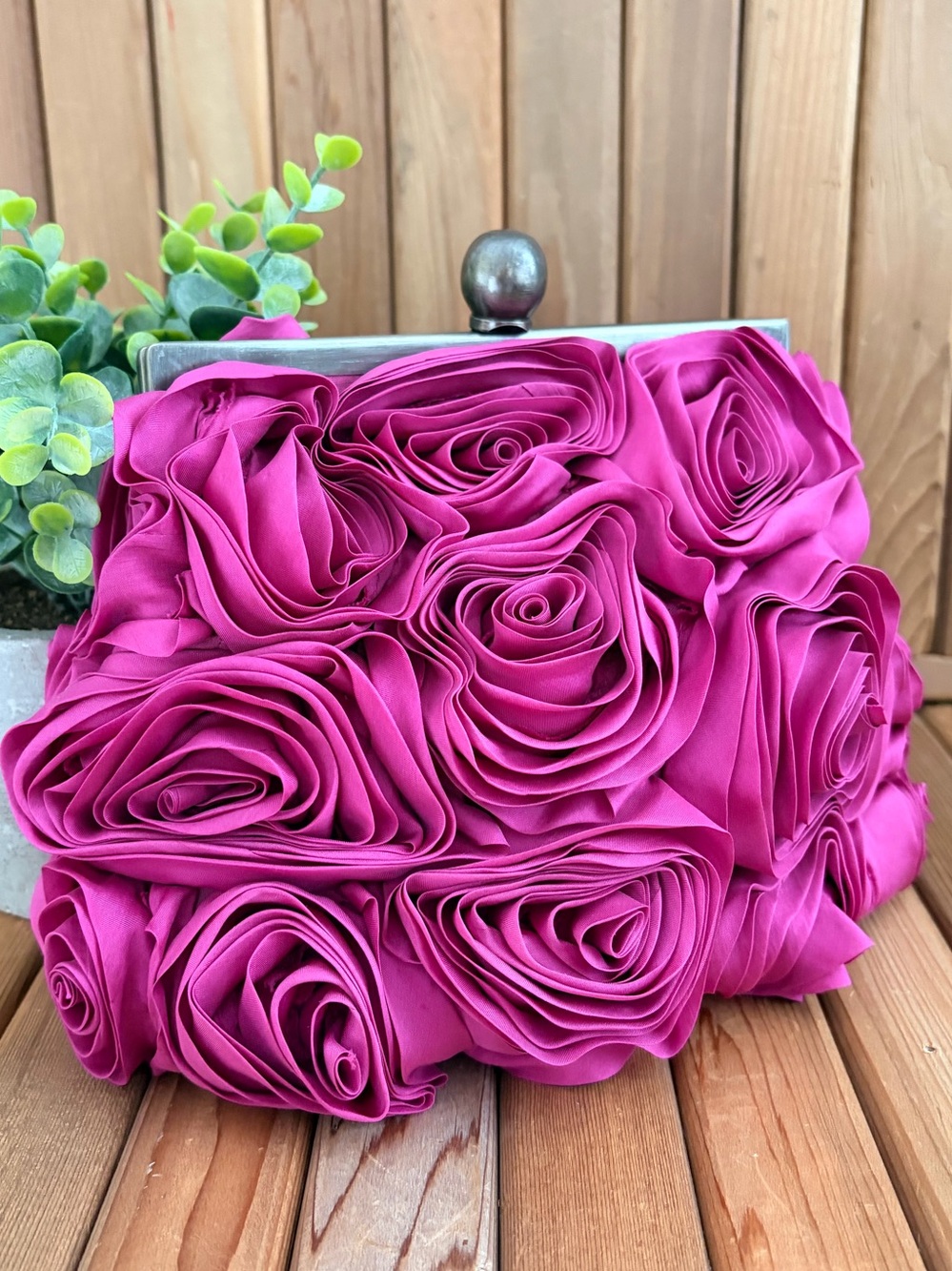 BODEN Rosette Statement Clutch Bag in 3D Textured Fuscia, Evening Piece